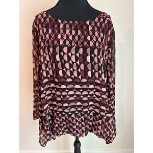 Alfani Womens XL Sheer Bell Sleeve Geometric Print Flowy Blouse Cami Lined